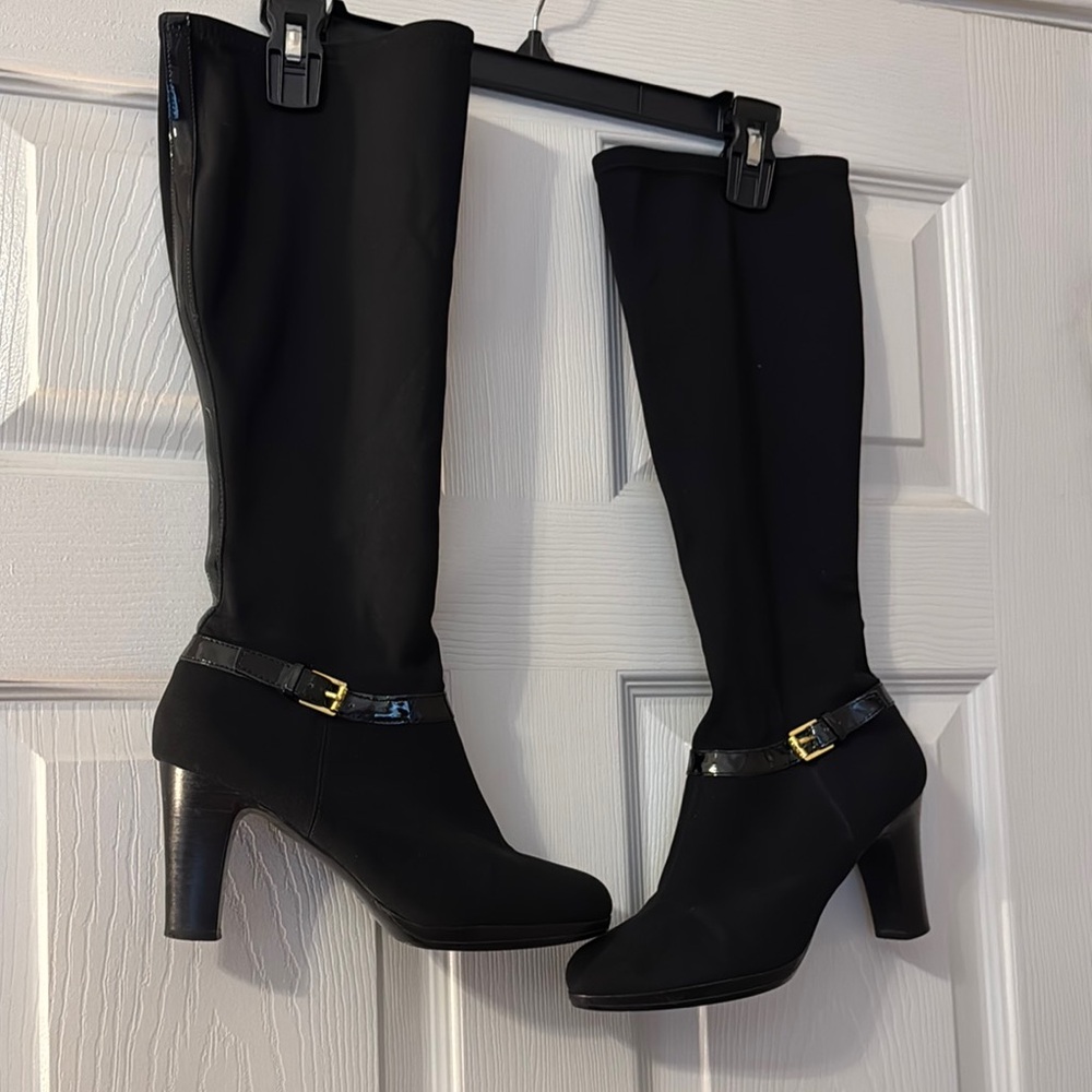 Lauren Ralph Lauren Black Heeled Boots with Gold Buckle